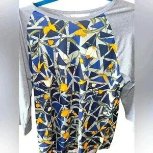 Lularoe XL blue floral lily‎ Randy T baseball T shirt with grey sleeves NWOT